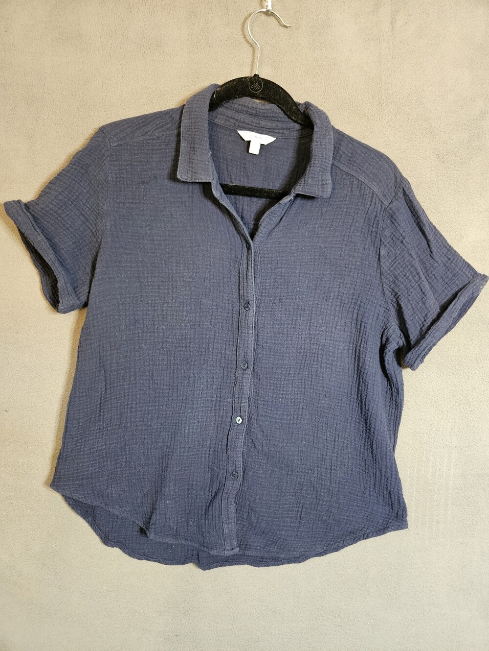 Lucky Brand Womens Medium Buttons Shirt Gauze Crinkle Navy Blue Boho Cuff Sleeve